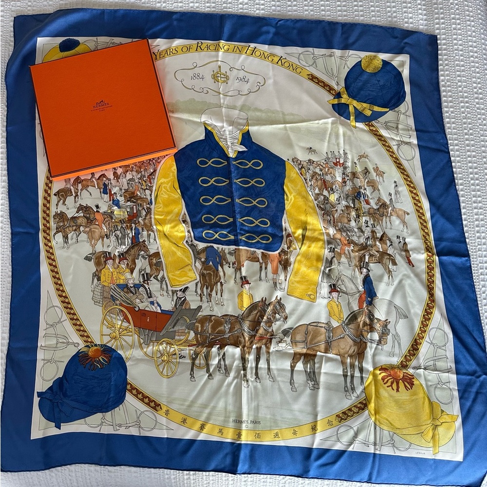 Harmés Silk 100 years of Racing Scarf - Blue and Yellow Equestrian Print